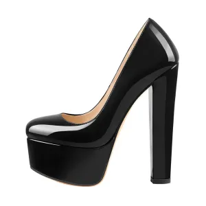 Black Patent Leather Platform Chunky High Heels