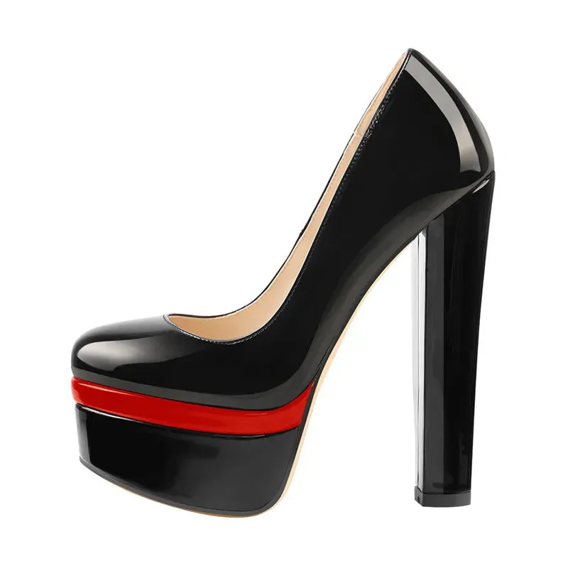 Black Patent Leather Platform Chunky High Heels