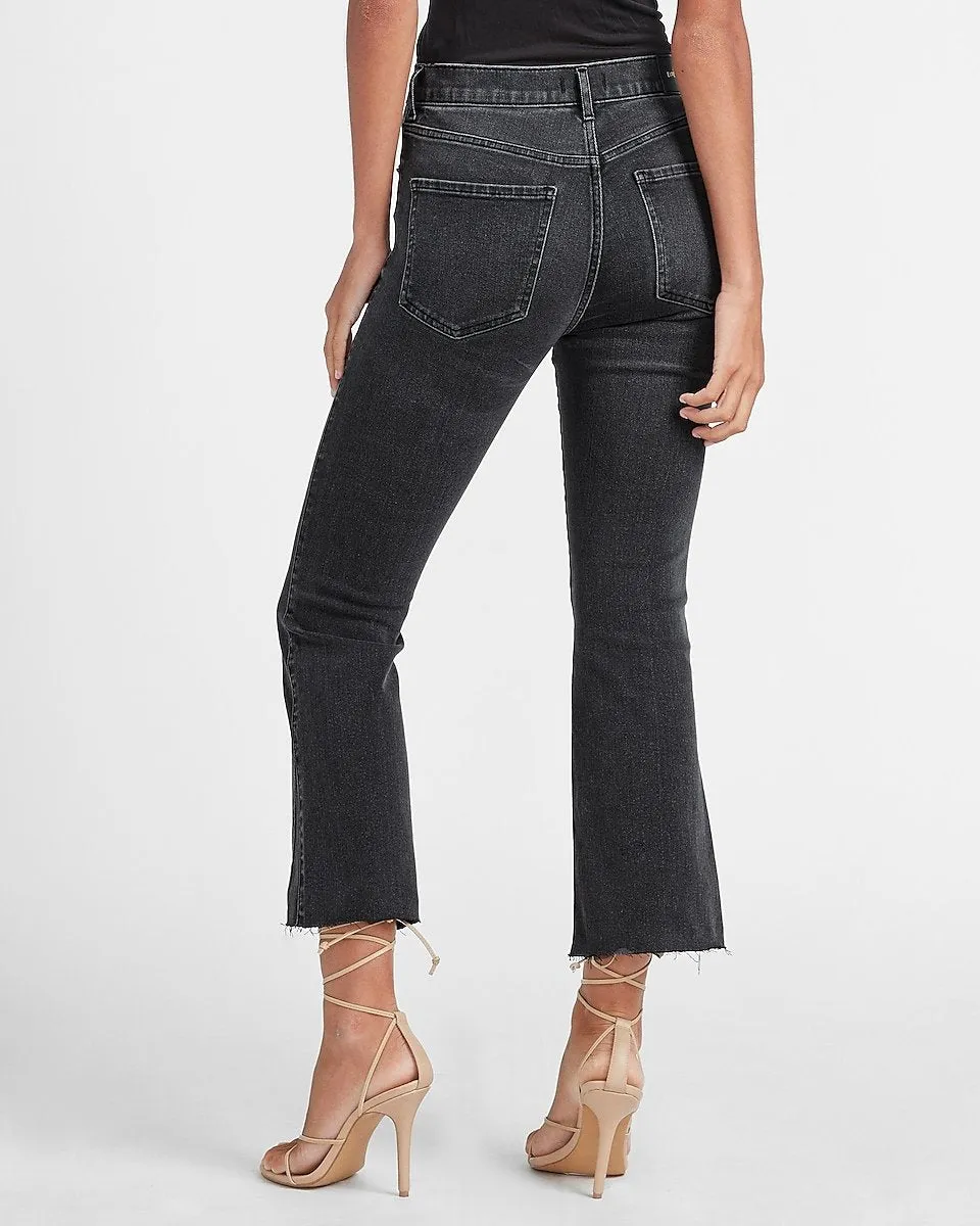 High Waisted Black Raw Hem Cropped Flare Jeans in Pitch Black