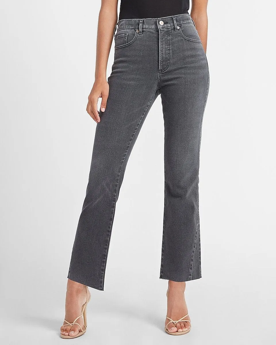 High Waisted Black Raw Hem Cropped Flare Jeans in Pitch Black