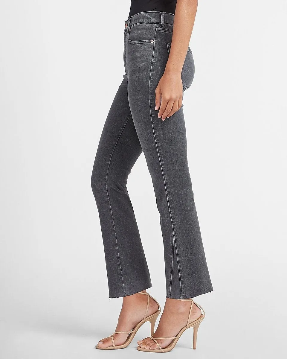 High Waisted Black Raw Hem Cropped Flare Jeans in Pitch Black