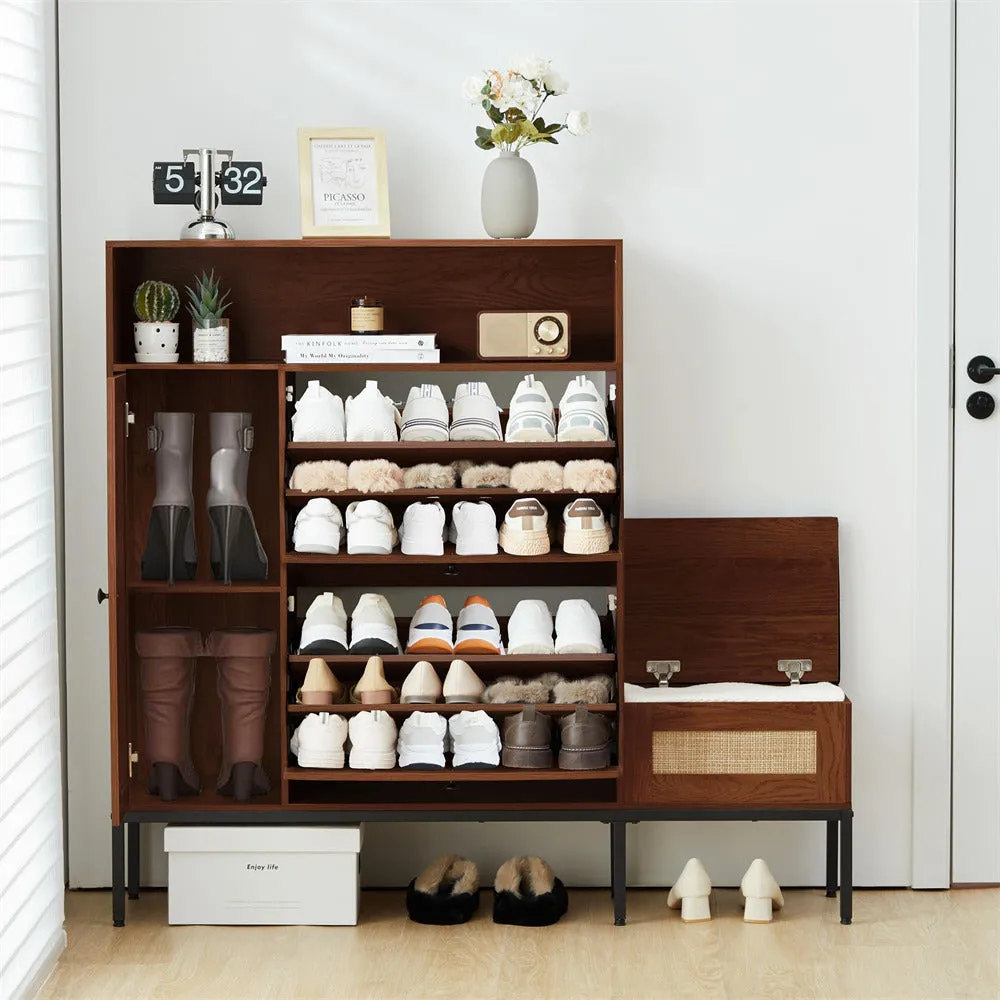 Large 18 Pair Shoe Storage Cabinet with 2 Flip Drawers and Shoe Bench