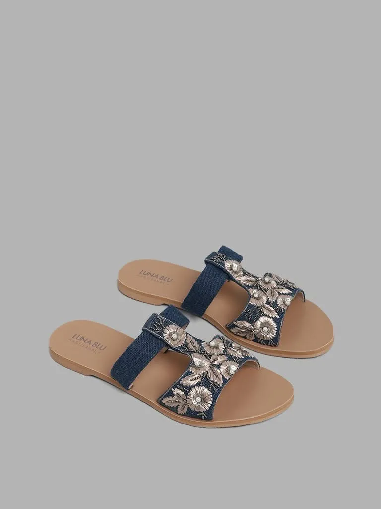 LUNA BLU Blue Embroidered Denim Sandals