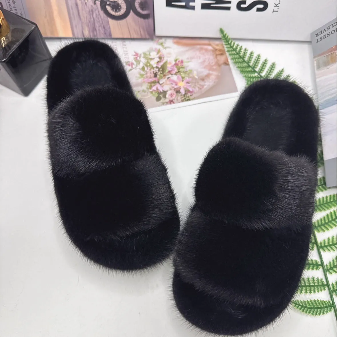 Mink slippers, fur slippers, flat slippers, women's outdoor