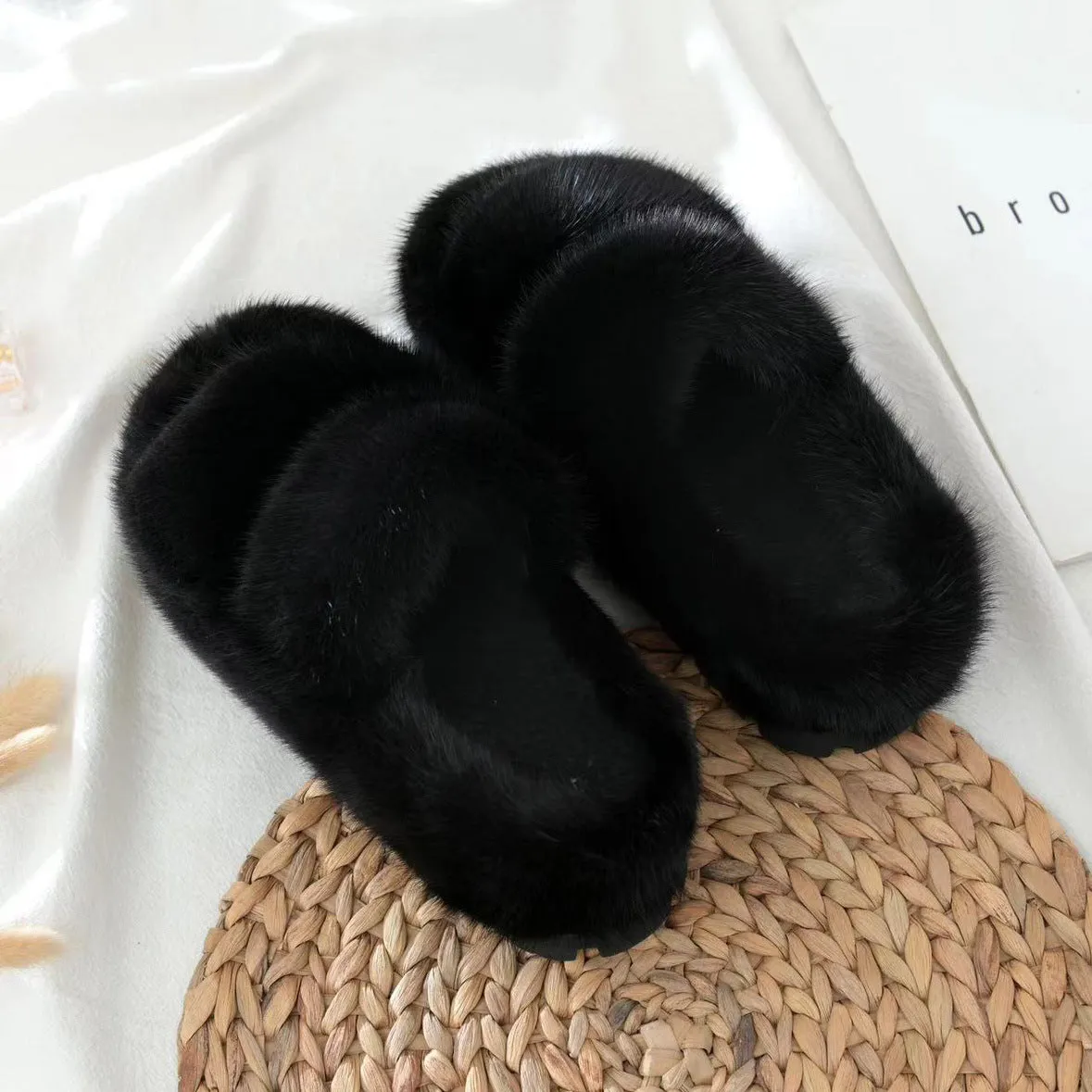 Mink slippers, fur slippers, flat slippers, women's outdoor