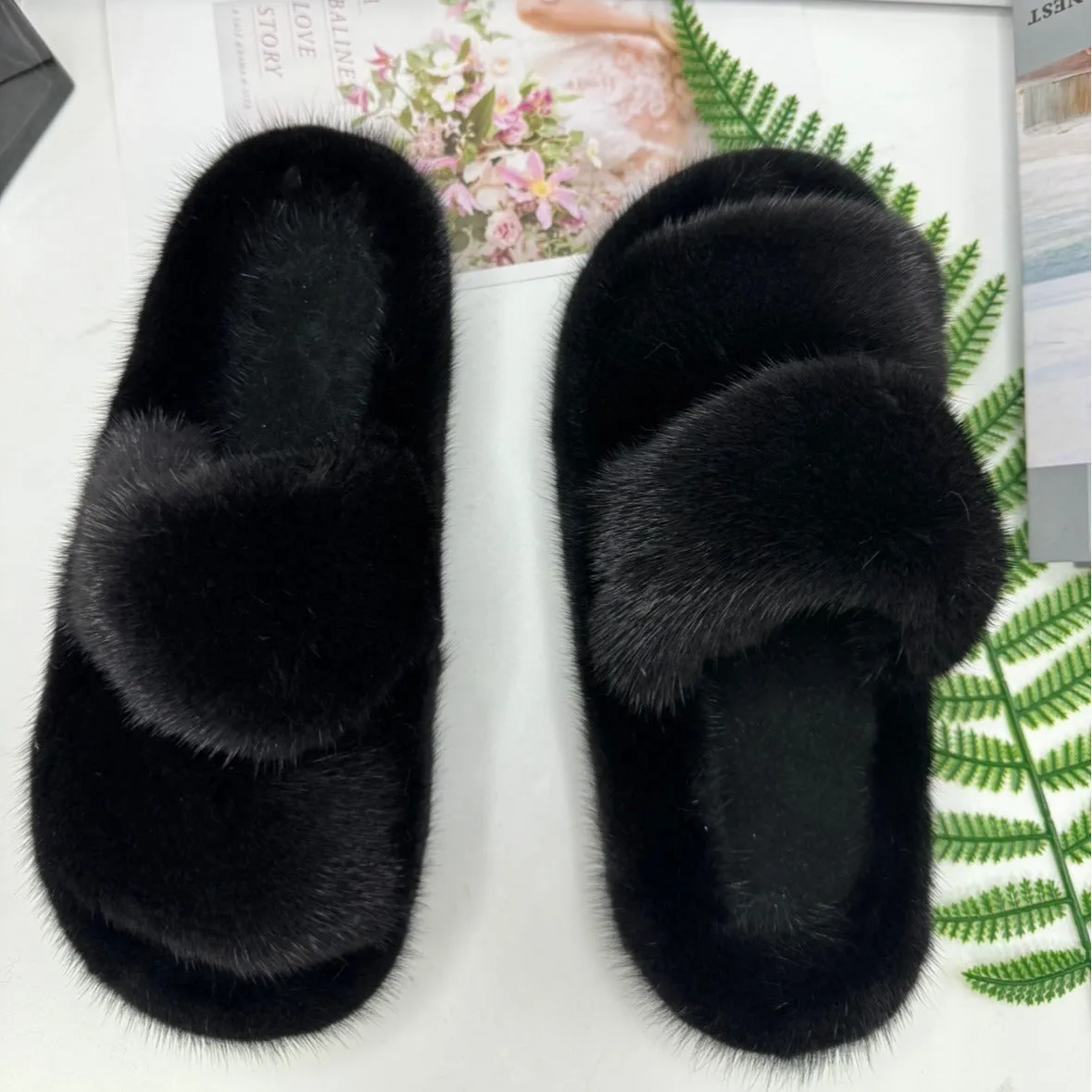 Mink slippers, fur slippers, flat slippers, women's outdoor