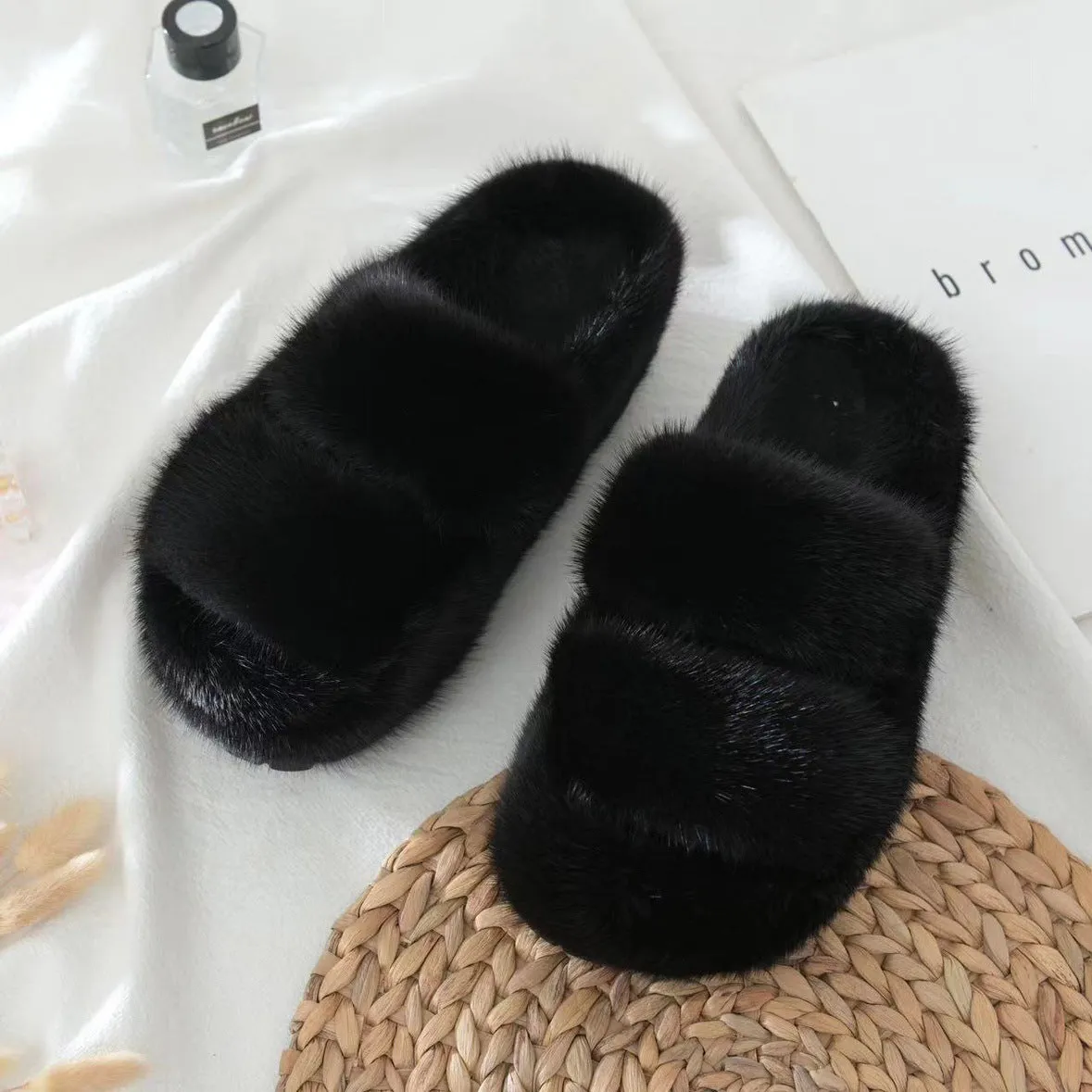 Mink slippers, fur slippers, flat slippers, women's outdoor