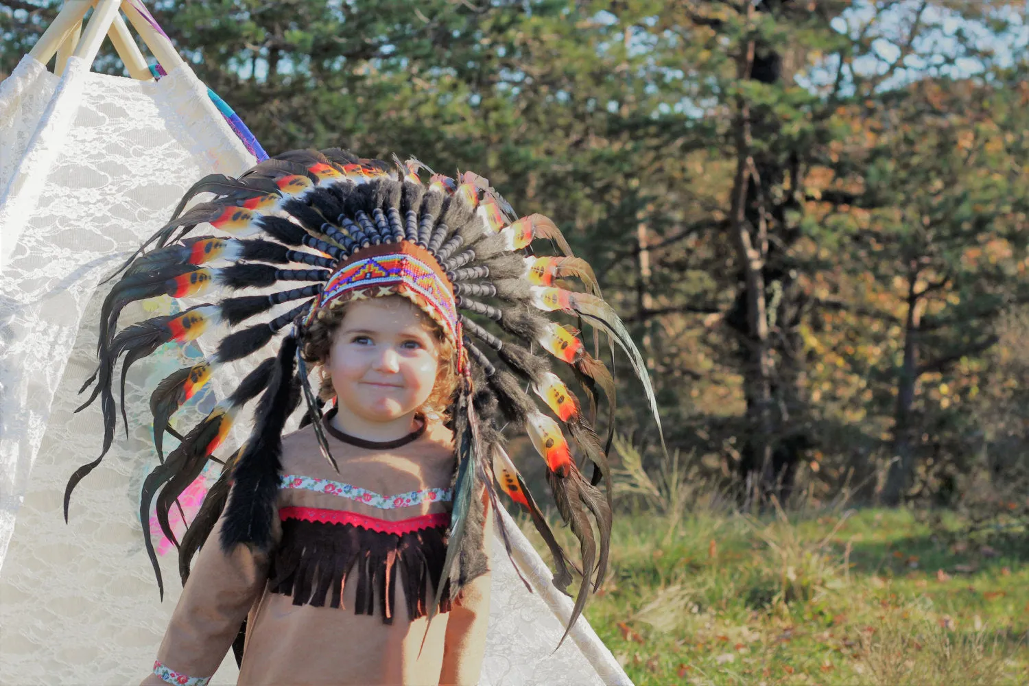 PRICE REDUCED - N15- From 2-5 years Kid / Child's: double feather Headdress 20,5 inch. – 52 cm