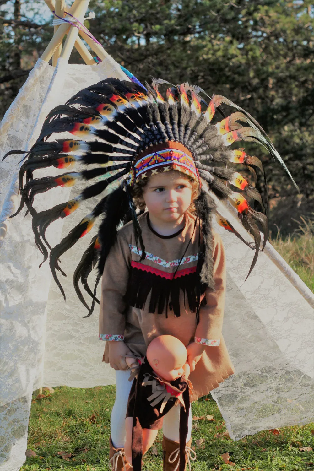 PRICE REDUCED - N15- From 2-5 years Kid / Child's: double feather Headdress 20,5 inch. – 52 cm