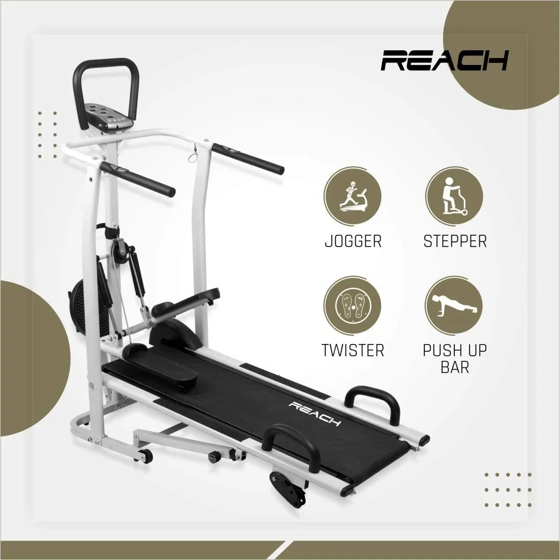 Reach 100 4 in 1 Manual Treadmill for Home Gym | Multi-Functional (Jogger, Twister, Stepper & Push-up bar) Treadmill | 3 Level Manual Incline | for Full Body Workouts | Max User Weight 120kg