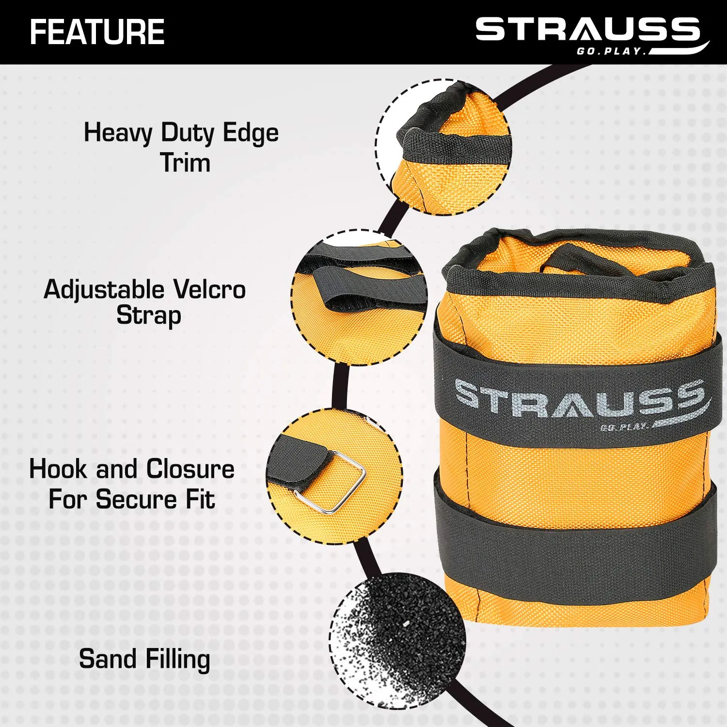 Strauss Adjustable Ankle/Wrist Weights 2.5 KG X 2 | Ideal for Walking, Running, Jogging, Cycling, Gym, Workout & Strength Training | Easy to Use on Ankle, Wrist, Leg, (Yellow)