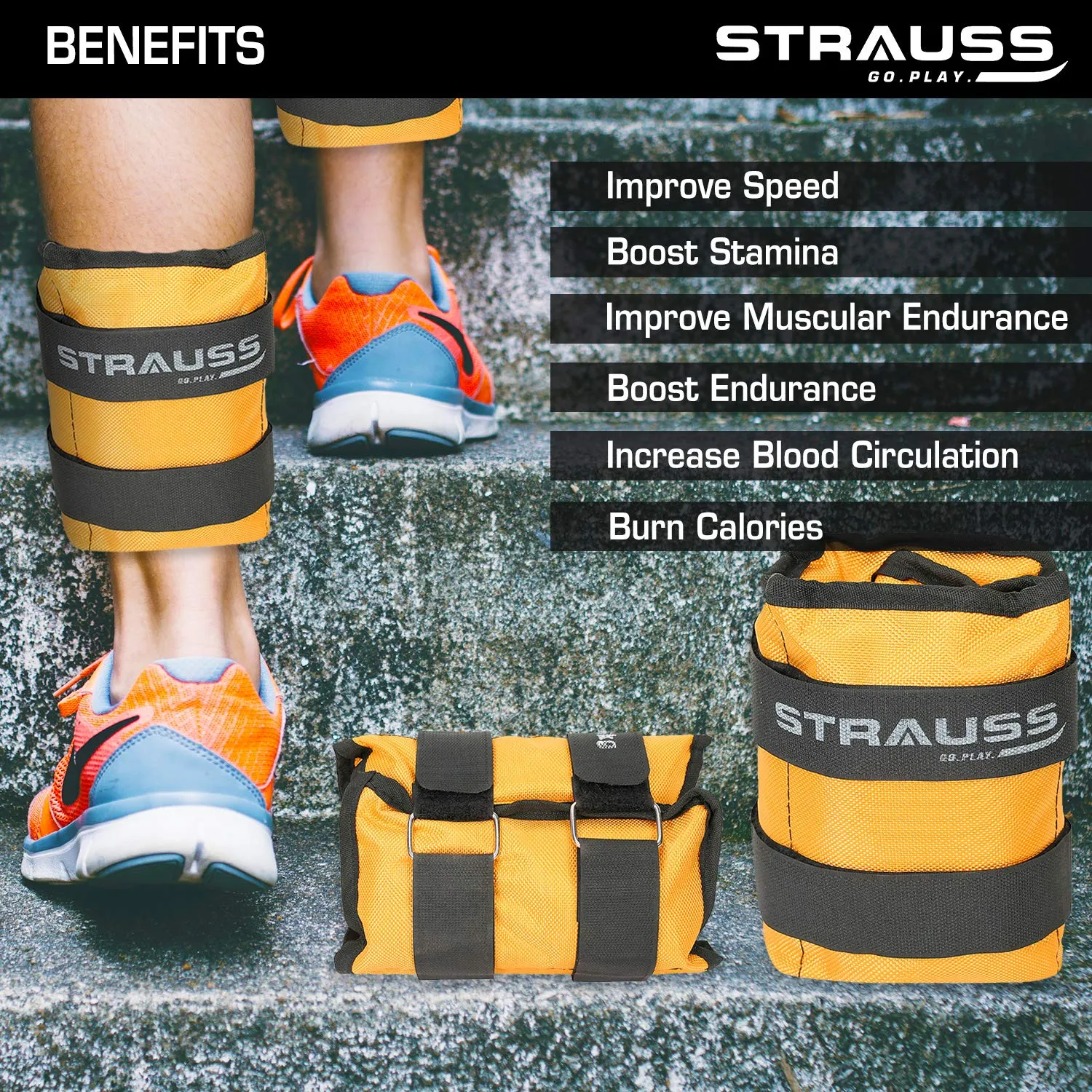 Strauss Adjustable Ankle/Wrist Weights 2.5 KG X 2 | Ideal for Walking, Running, Jogging, Cycling, Gym, Workout & Strength Training | Easy to Use on Ankle, Wrist, Leg, (Yellow)