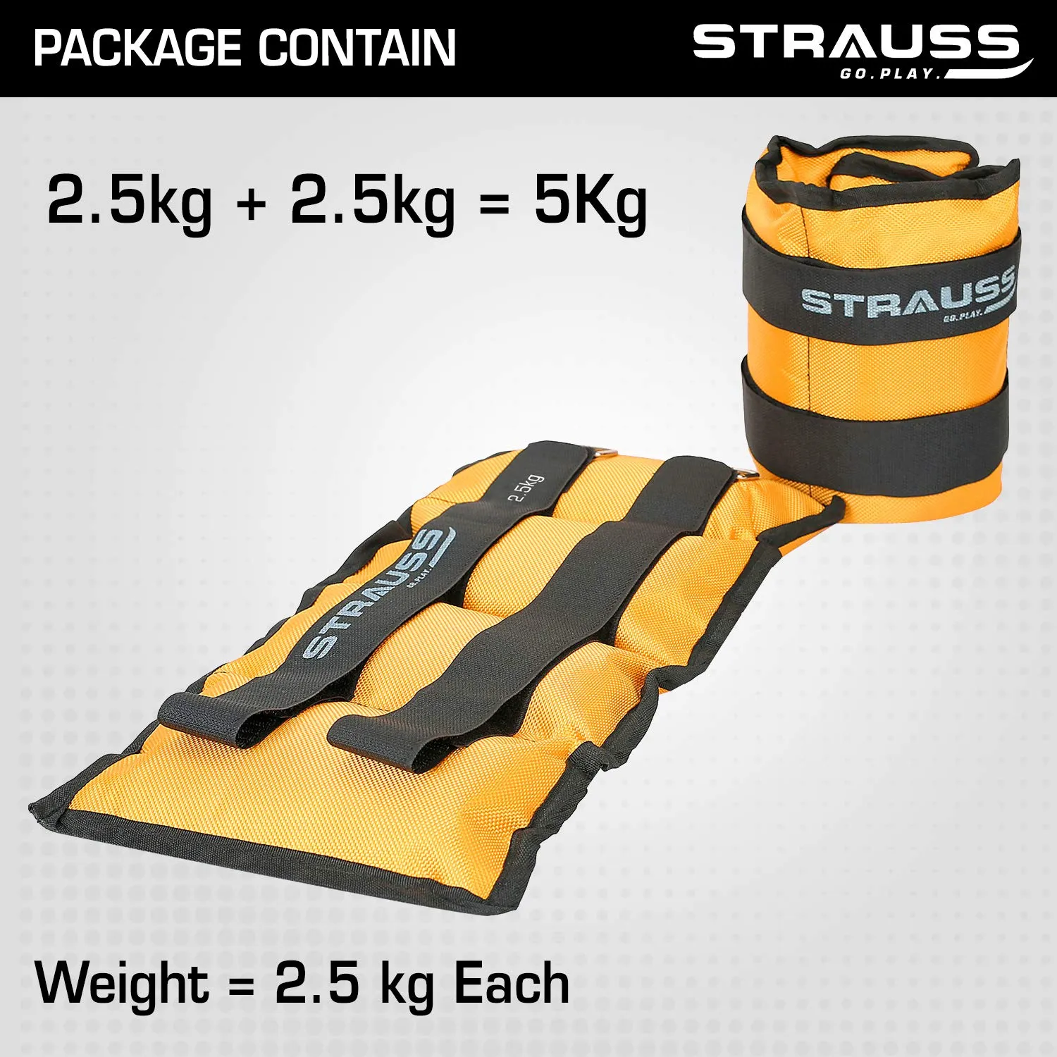 Strauss Adjustable Ankle/Wrist Weights 2.5 KG X 2 | Ideal for Walking, Running, Jogging, Cycling, Gym, Workout & Strength Training | Easy to Use on Ankle, Wrist, Leg, (Yellow)