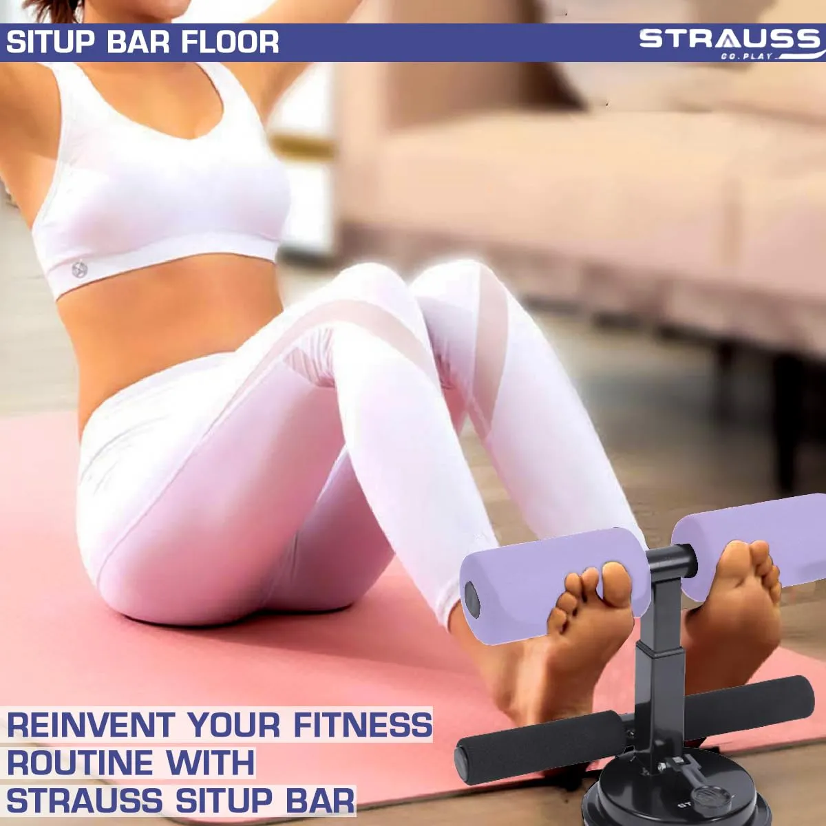 STRAUSS Sit-Up Bar | Portable Sit Up Bar With Foam Handle and Rubber Suction | Sit-ups and Push-ups Assistant Device For Weight Loss | Ideal For Abs Home Workout & Abdominal Curl Exercise Trainer,(Purple)