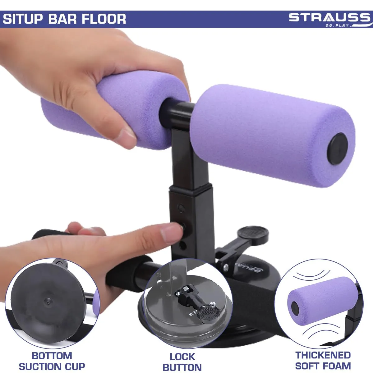 STRAUSS Sit-Up Bar | Portable Sit Up Bar With Foam Handle and Rubber Suction | Sit-ups and Push-ups Assistant Device For Weight Loss | Ideal For Abs Home Workout & Abdominal Curl Exercise Trainer,(Purple)