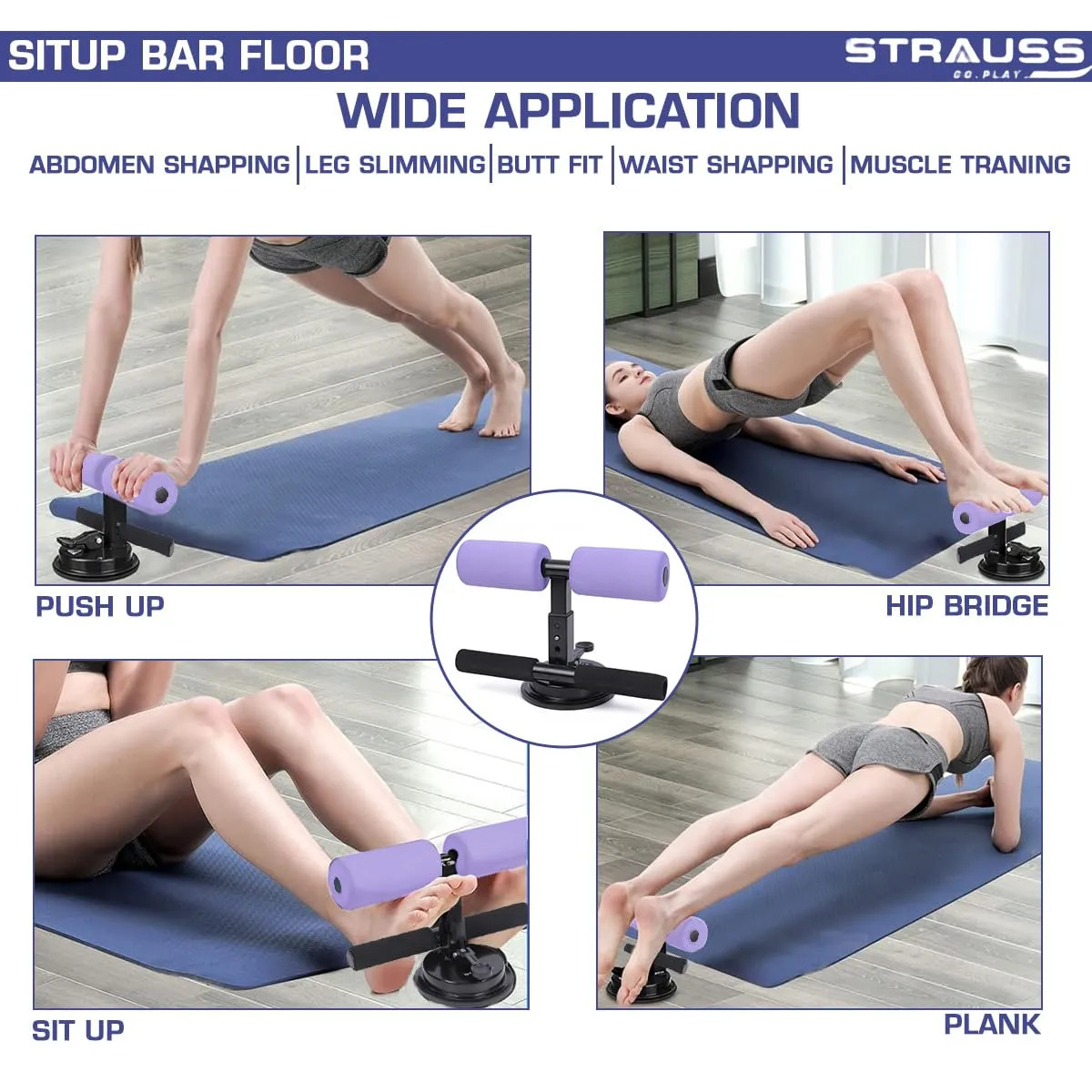 STRAUSS Sit-Up Bar | Portable Sit Up Bar With Foam Handle and Rubber Suction | Sit-ups and Push-ups Assistant Device For Weight Loss | Ideal For Abs Home Workout & Abdominal Curl Exercise Trainer,(Purple)