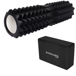 Strauss ST-1441 Grid Foam Roller (Black), 33 cm and Yoga Block (Black)