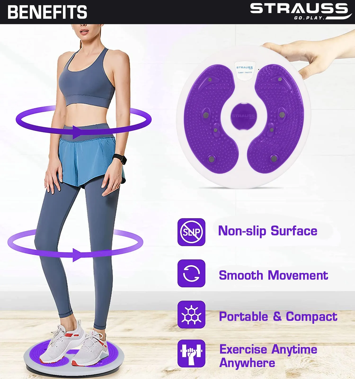 Strauss Tummy Twister | Tummy Trimmer, Abs Roller & Body Toner for Men & Women | Fat Burner Slimming Machine with Non-Slip Surface | Ideal Exercise Equipment For Home,(White/Purple)