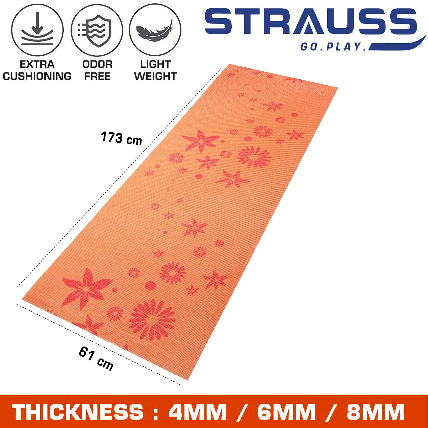 Strauss Yoga Mat Floral, 6 mm (Orange)