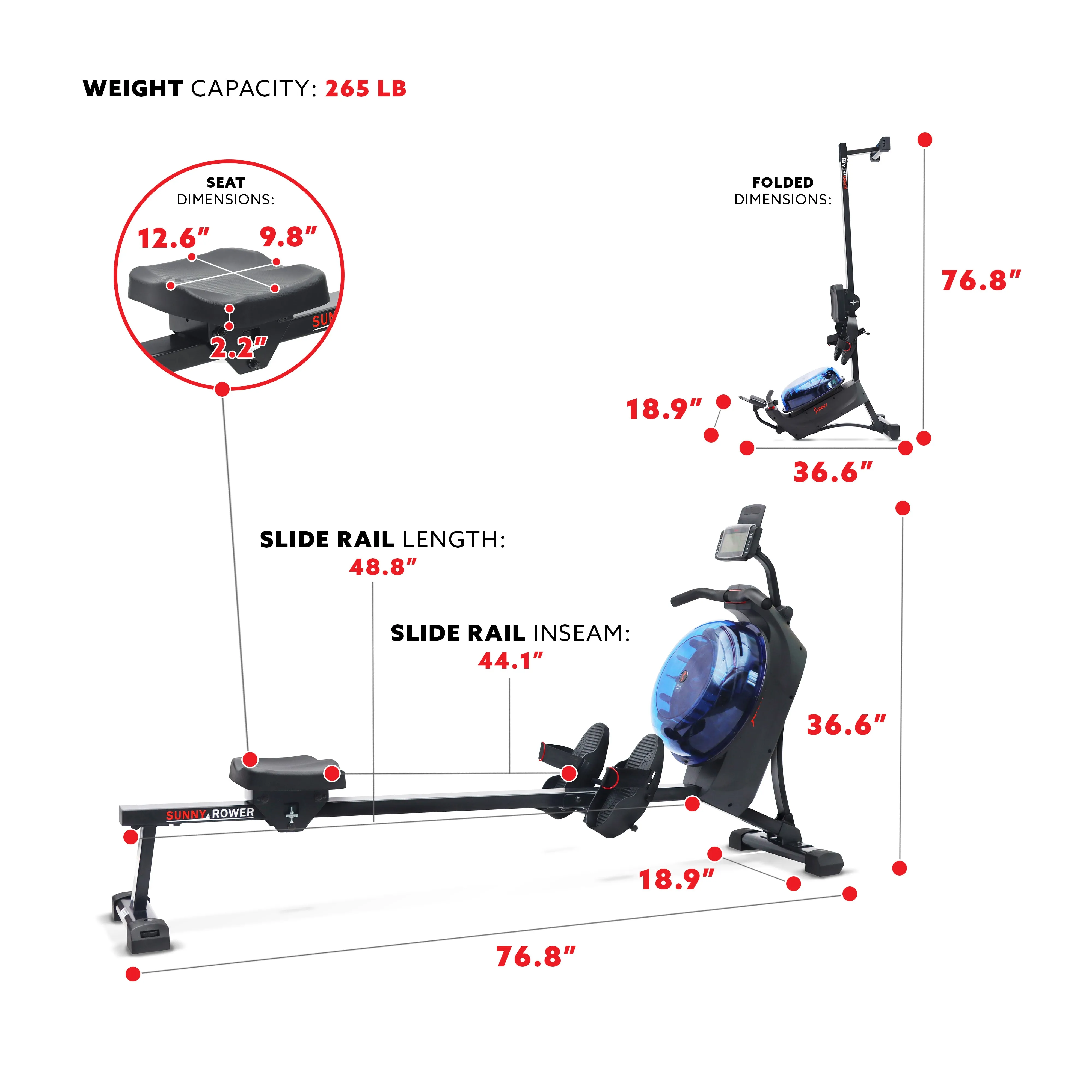 Sunny Health & Fitness Hydro   Dual Resistance Smart Magnetic Water Rowing Machine in Blue - SF-RW522017BLU