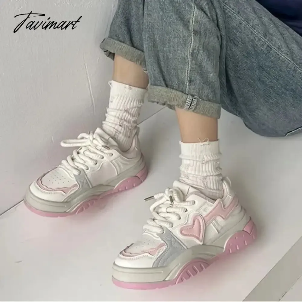 Tavimart Love Heart Womens Sports Shoes Cute White Student Running Platform Casual Sneakers Lace-up Comfortable New Ladies Shoes