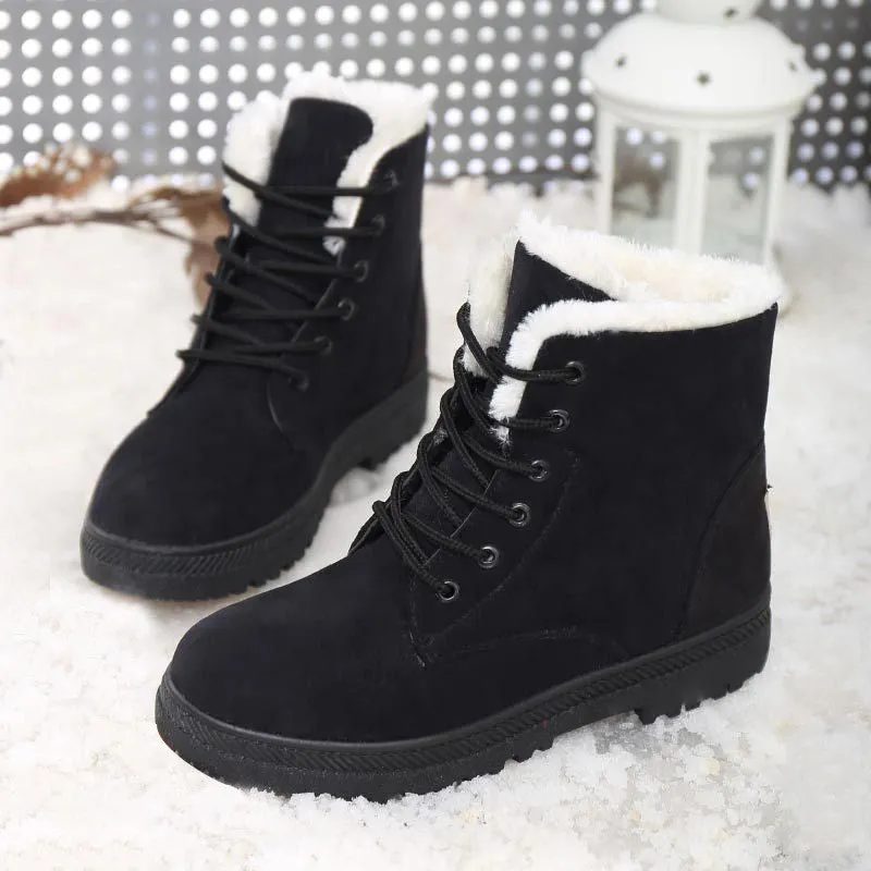 Women Boots Snow Warm Winter Boots Botas Lace Up Mujer Fur Ankle Boots Ladies Winter Shoes Black