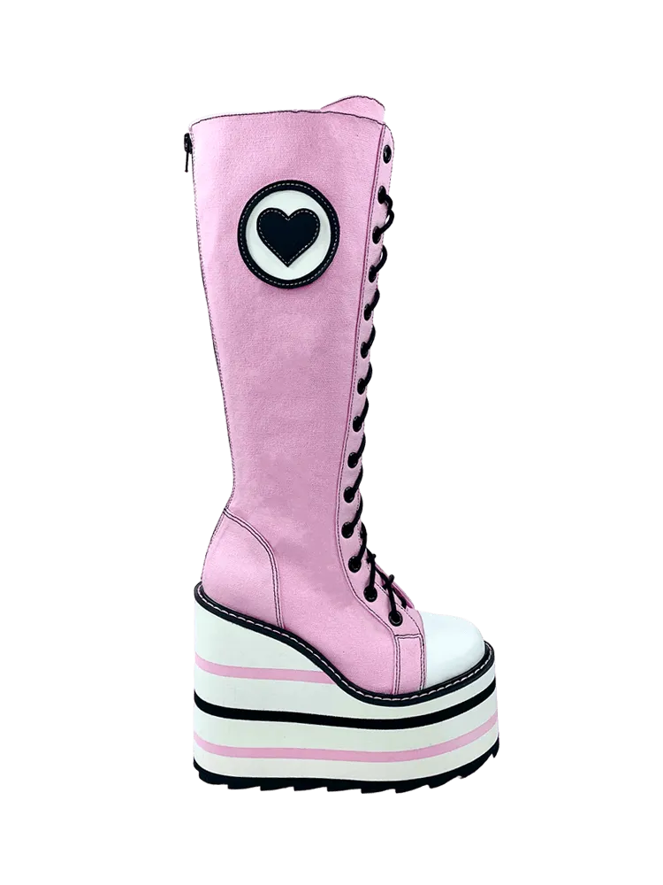 YRU DETENTION HEART pink black leather platform boots